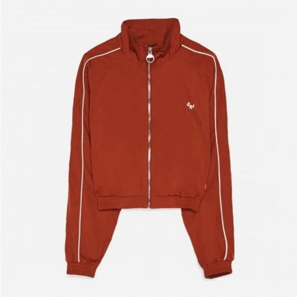 Bershka Orange Zipper Crop Jacket White Stripe Sz L Preppy Revival Tenniscore - Picture 13 of 13